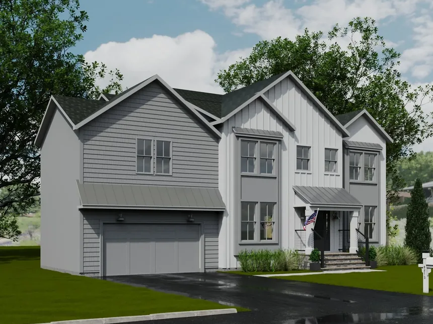 Rendering of a gray and white two-story home with an attached garage