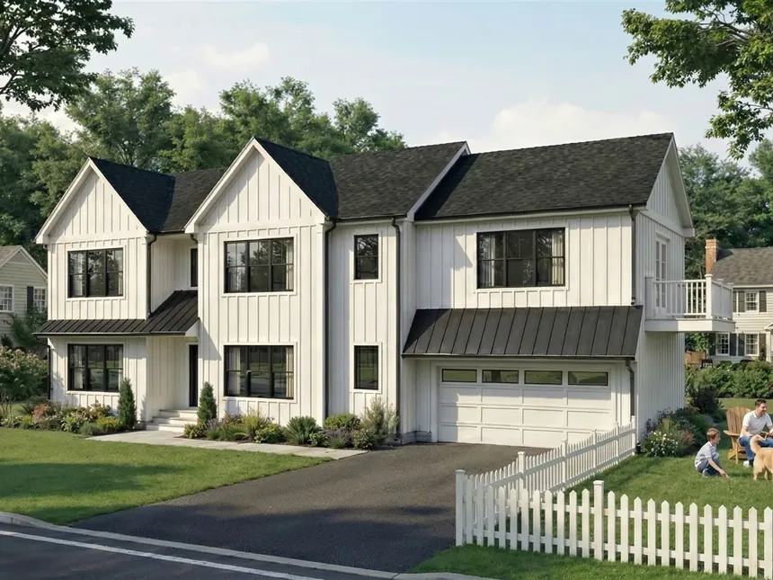 Rendering of a white modern farmhouse with board-and-batten siding and a front porch