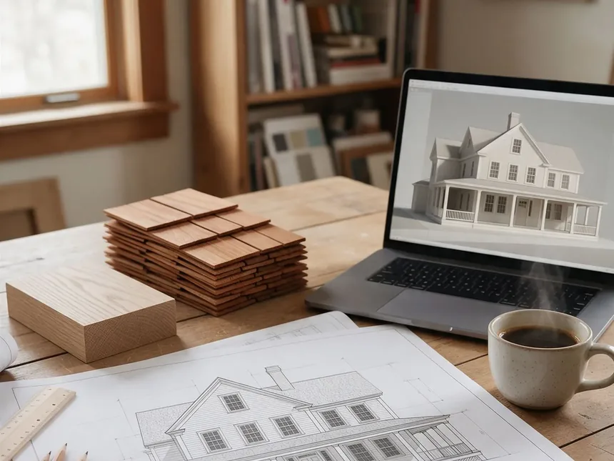Construction drawings of a New England home laid out on a desk