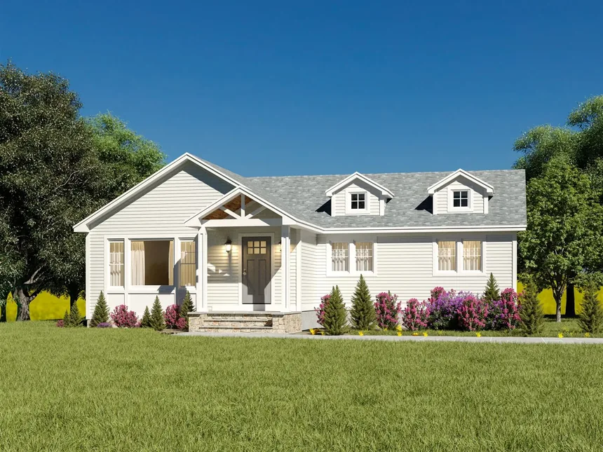 White ranch home with dormers and a gabled front porch