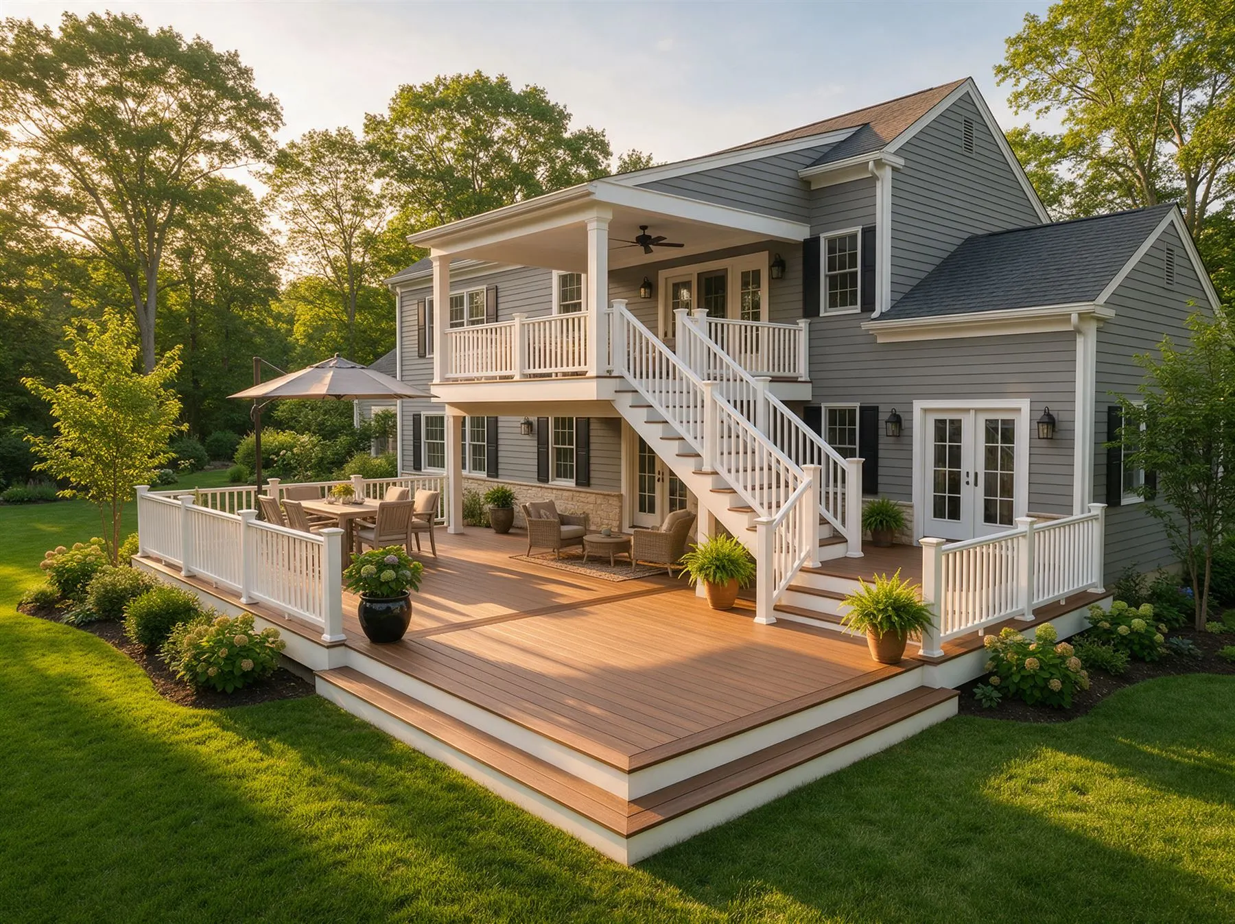 Two-level composite deck with white railings behind a gray colonial