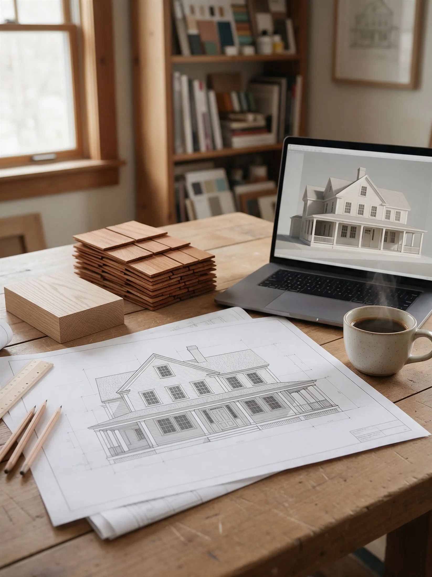 Construction drawings of a New England colonial home on a designer’s desk