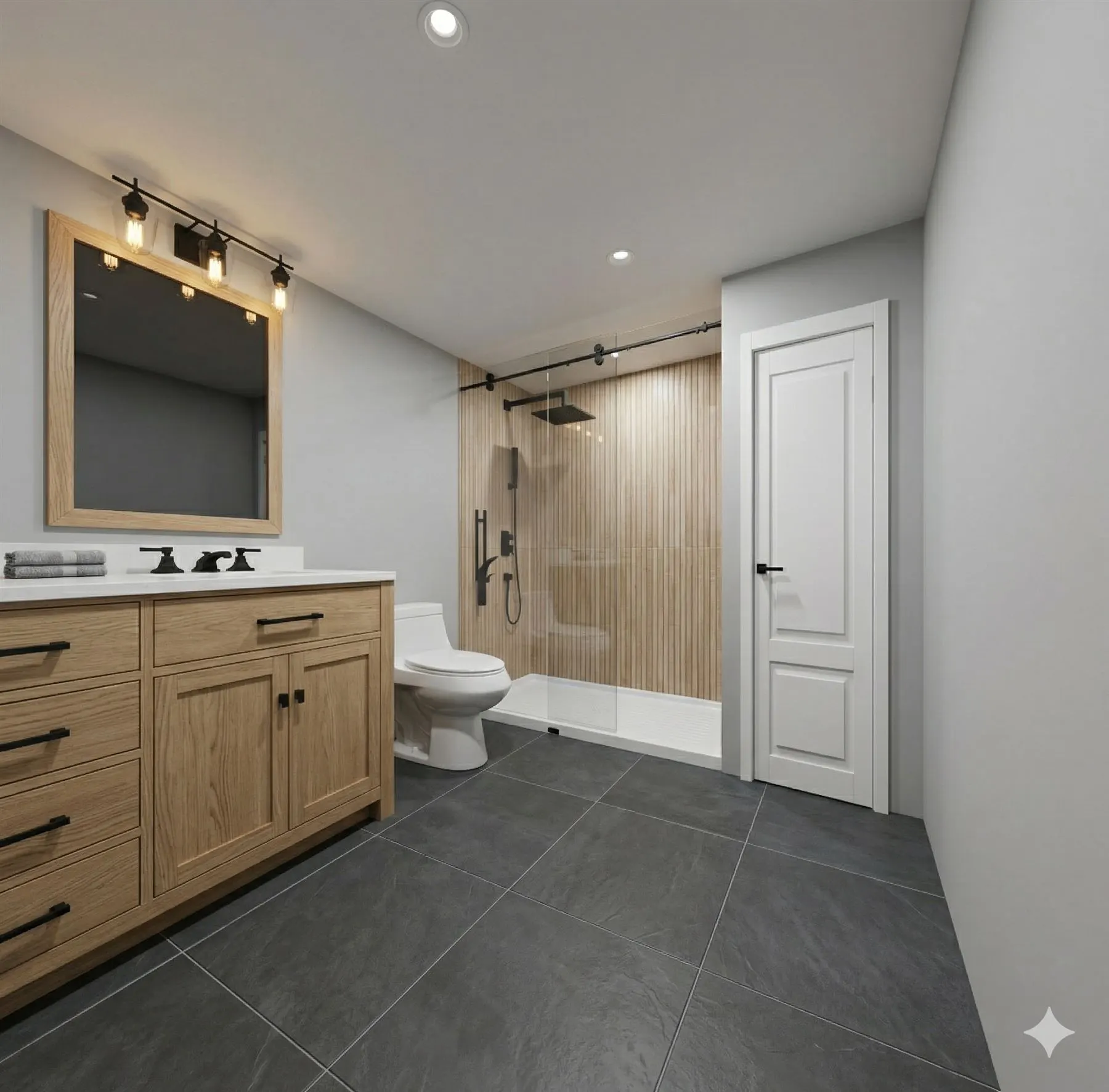 Bathroom rendering with wood vanity and glass shower