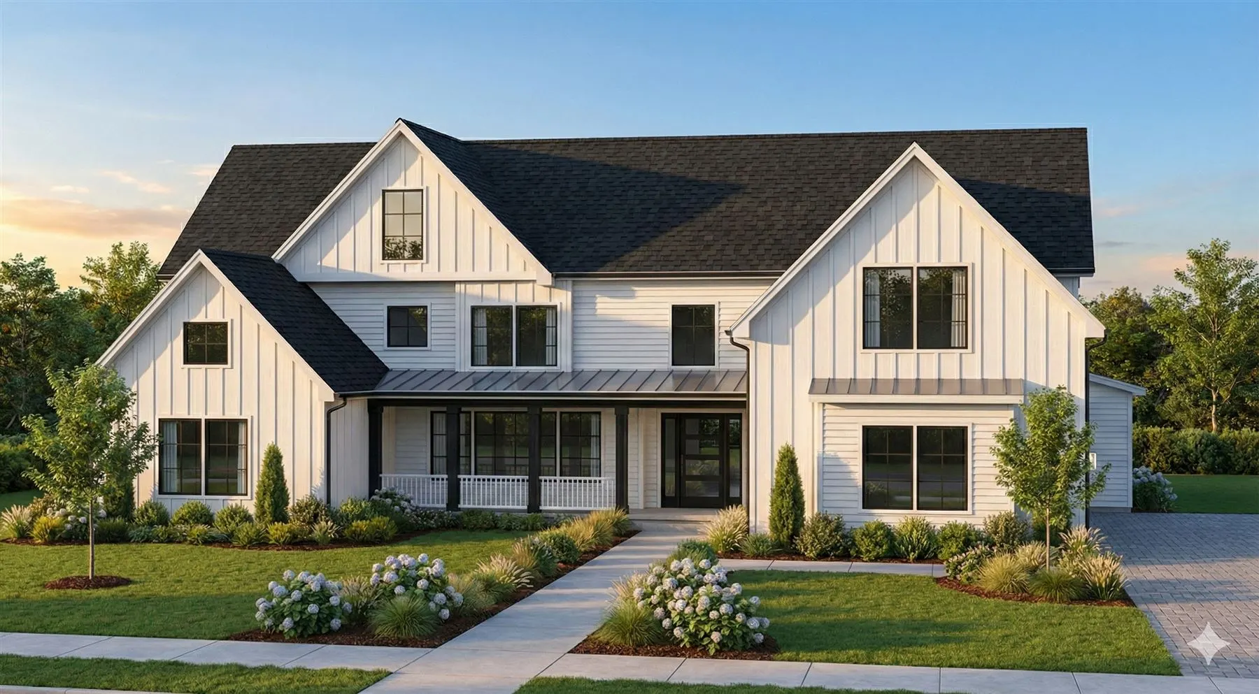White modern farmhouse with gables and front porch