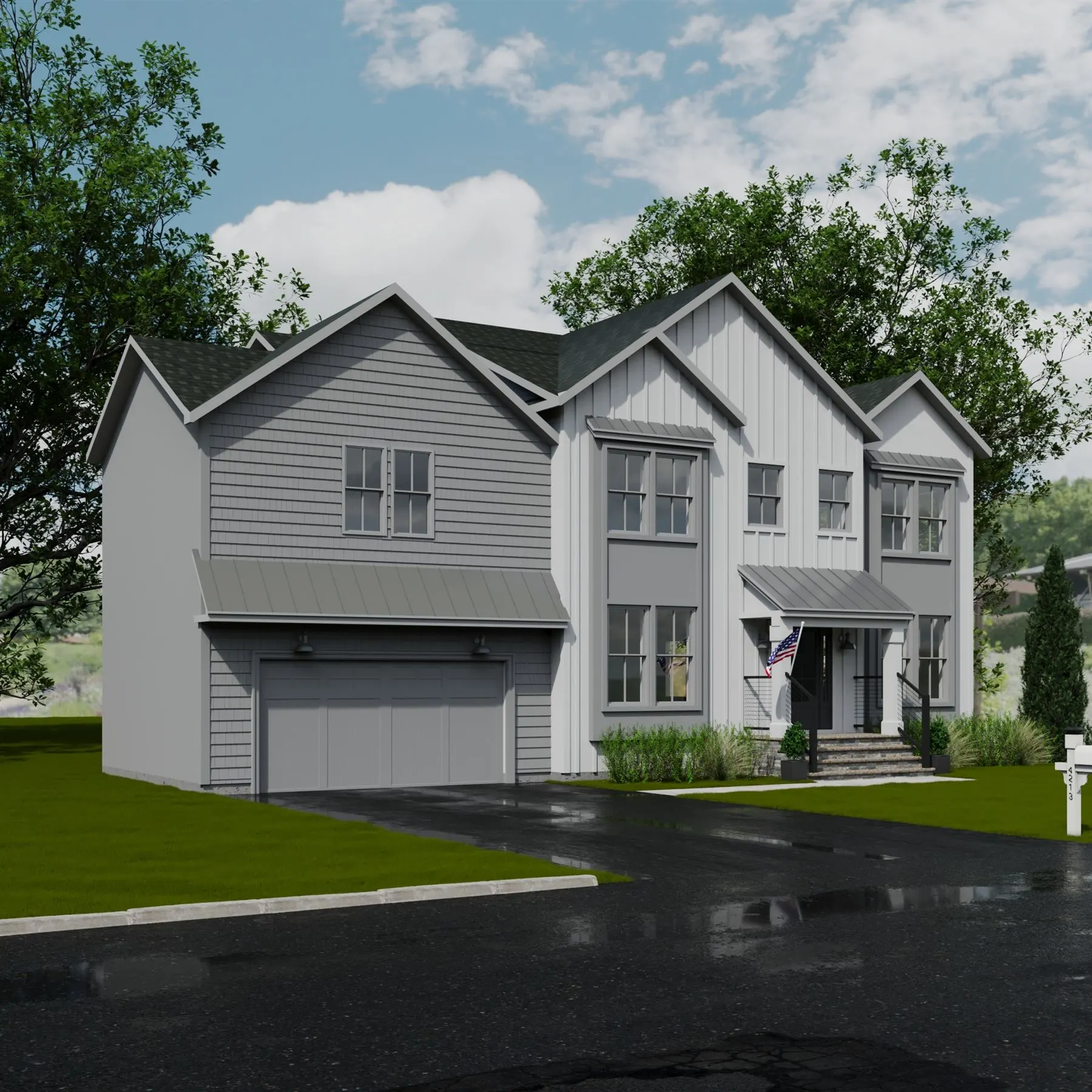 Gray and white two-story home rendering with garage