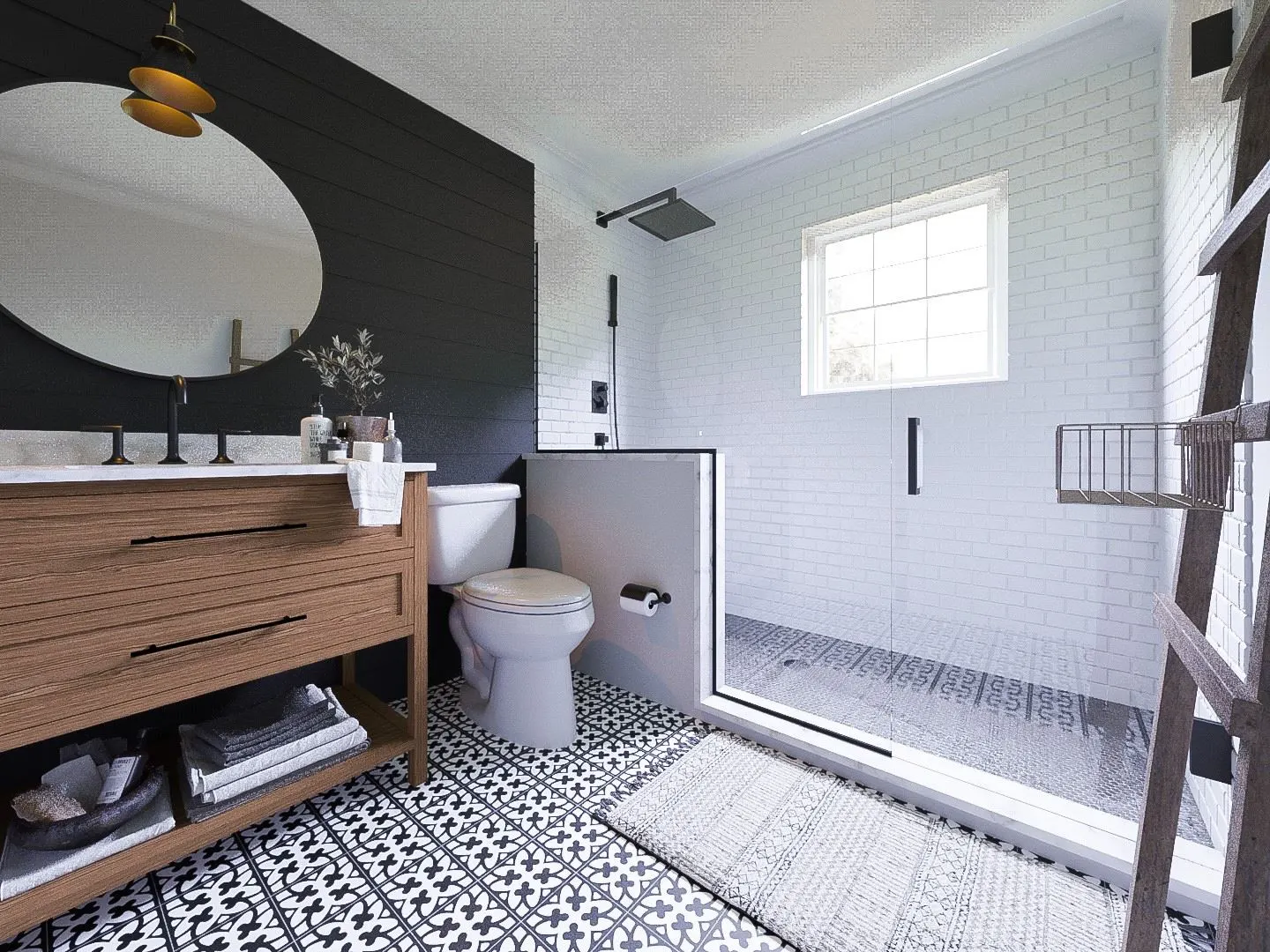 Bathroom with wood vanity, walk-in shower and patterned tile
