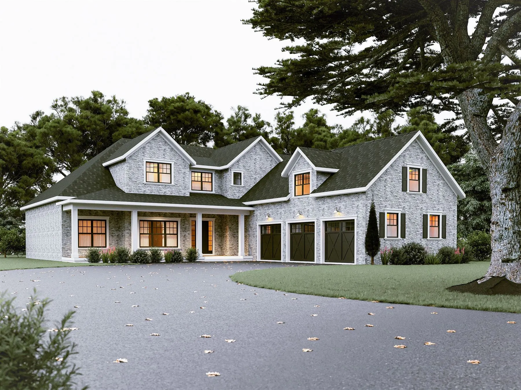 Stone and shingle farmhouse rendering with three-car garage