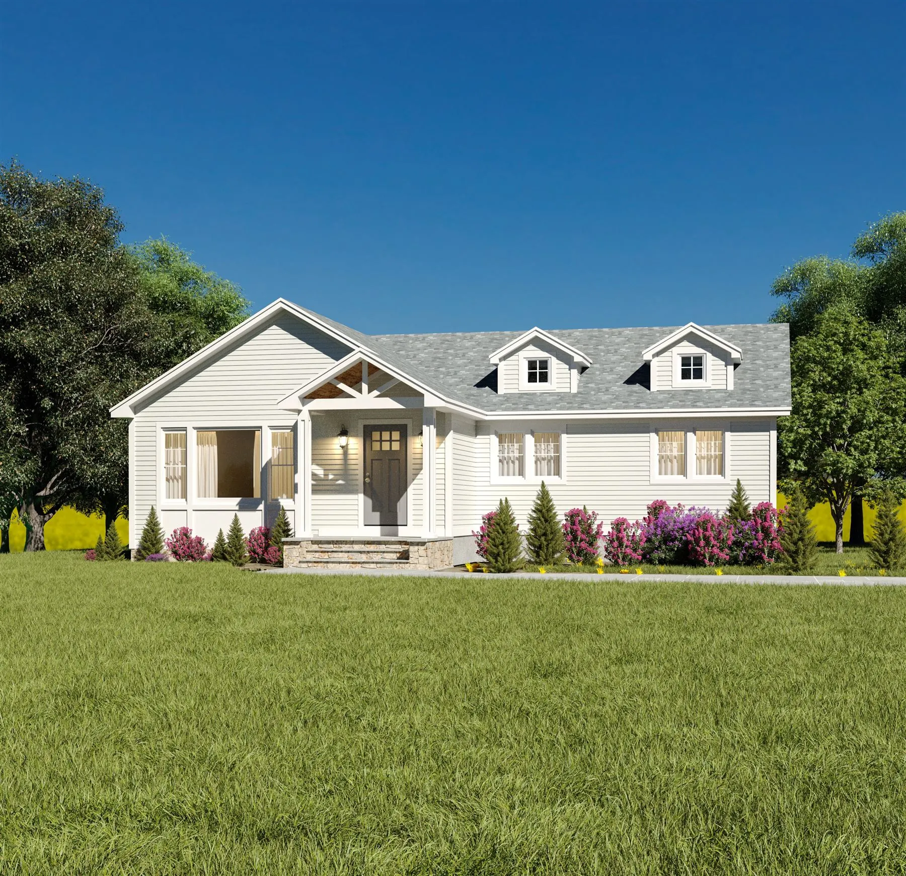 Rendering of a renovated ranch home with dormers and porch