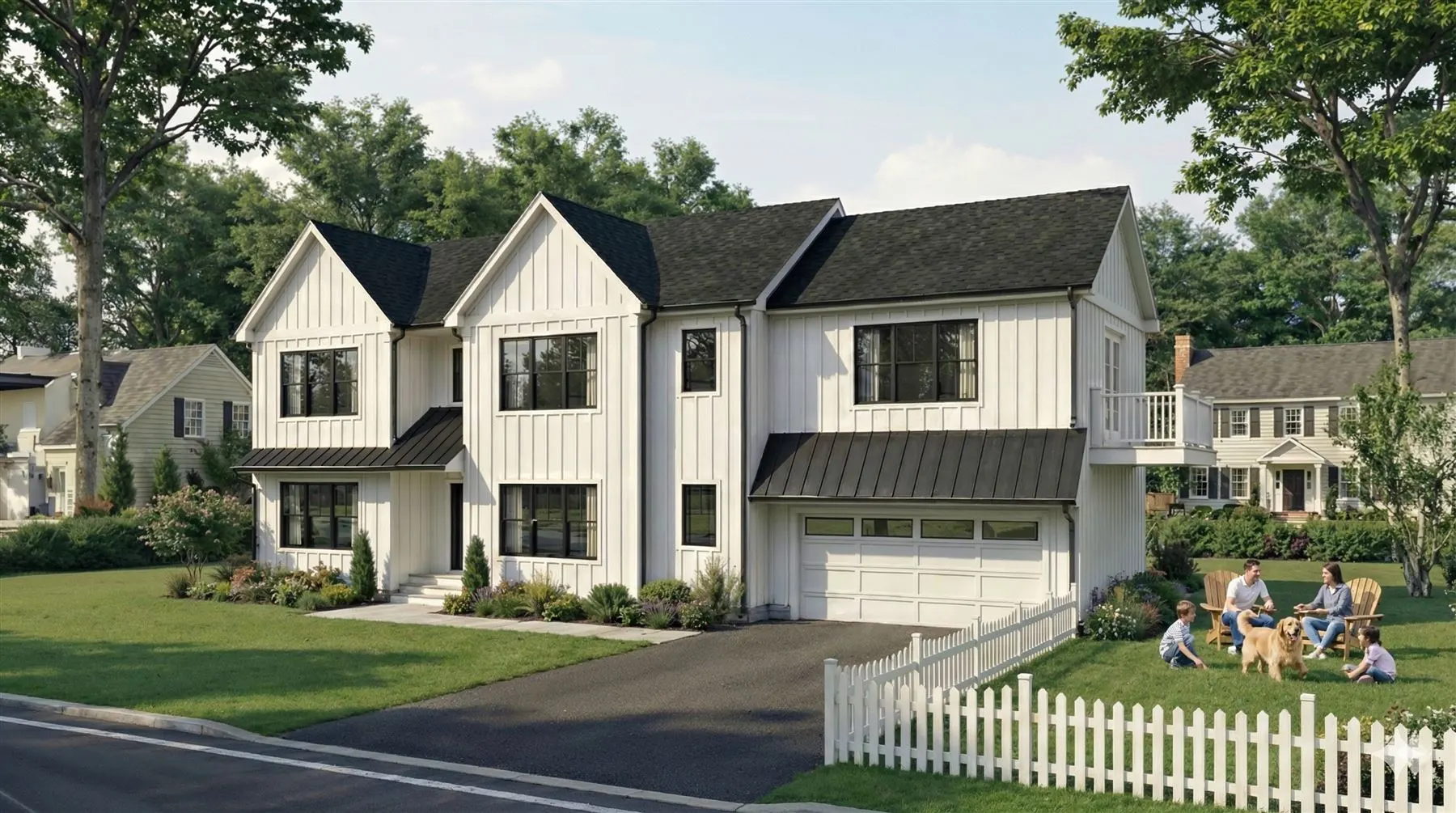 Modern farmhouse rendering with white board-and-batten siding in Greenwich, CT