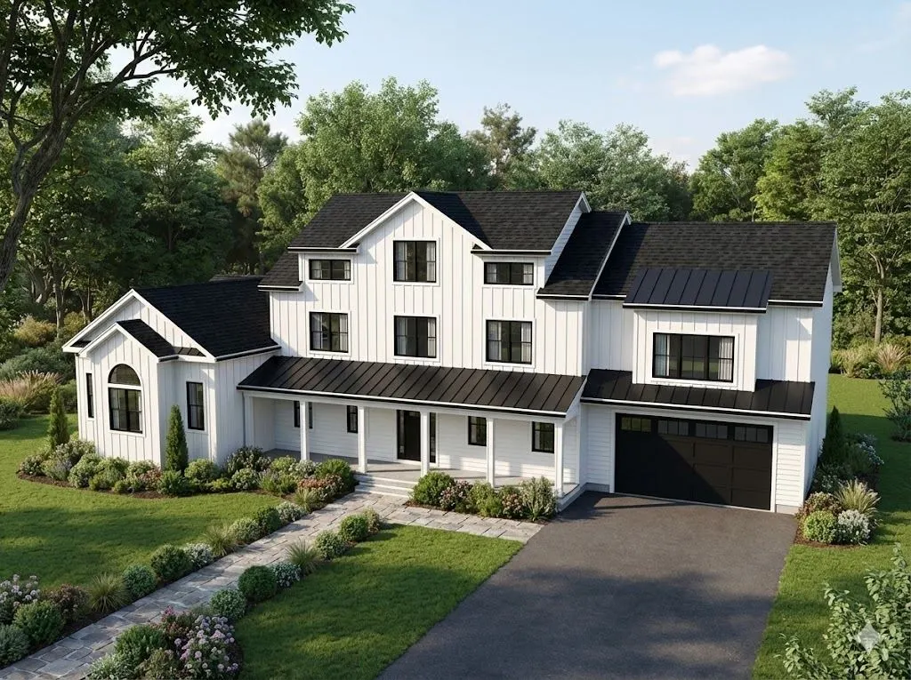 White farmhouse rendering with black roof and stone walkway
