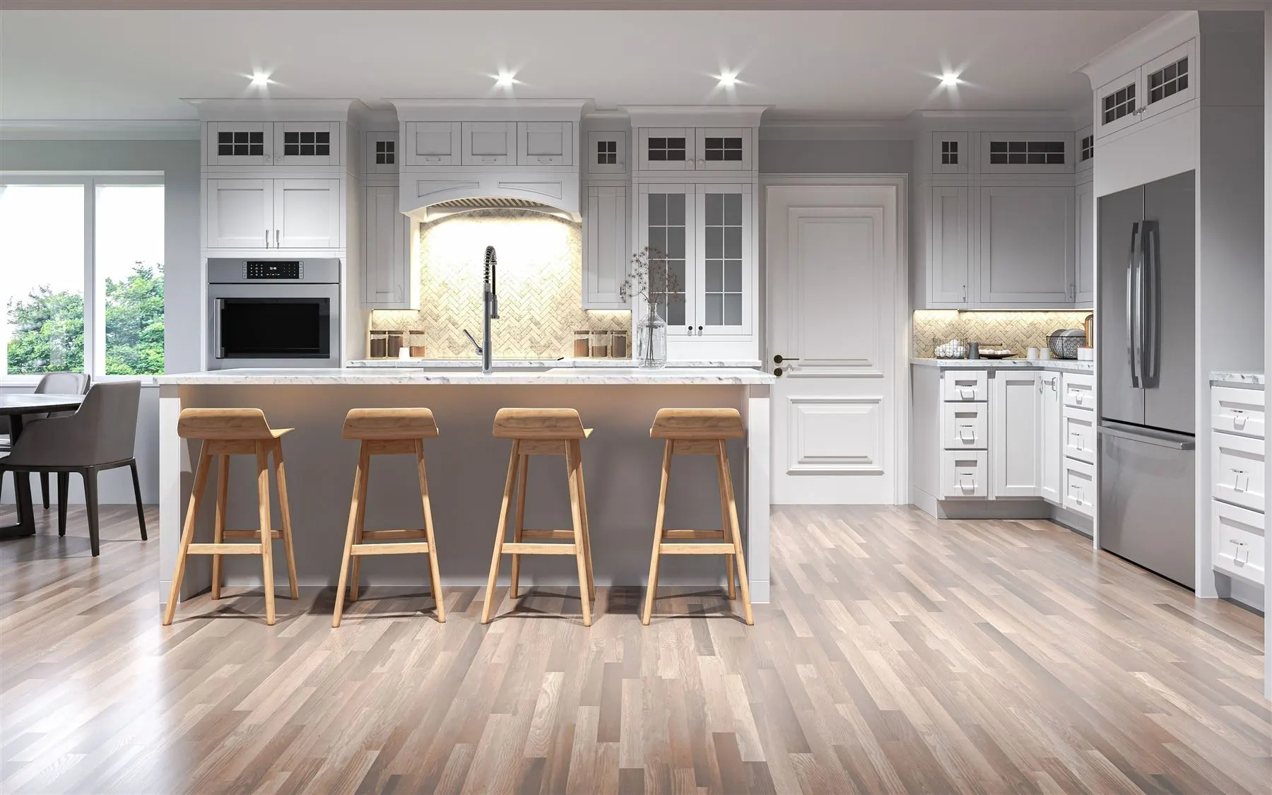 Open white kitchen with island seating