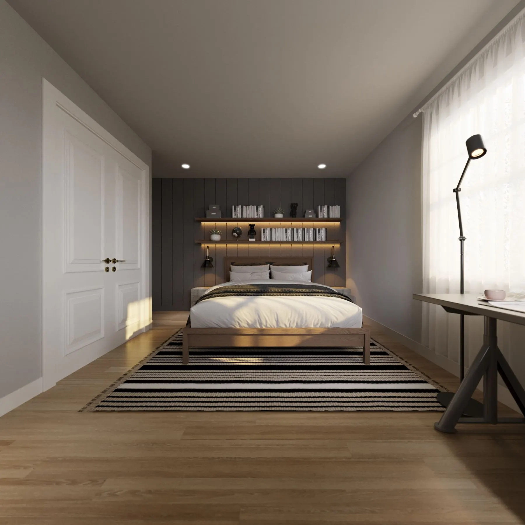 Finished room with built-in shelves, bed and desk